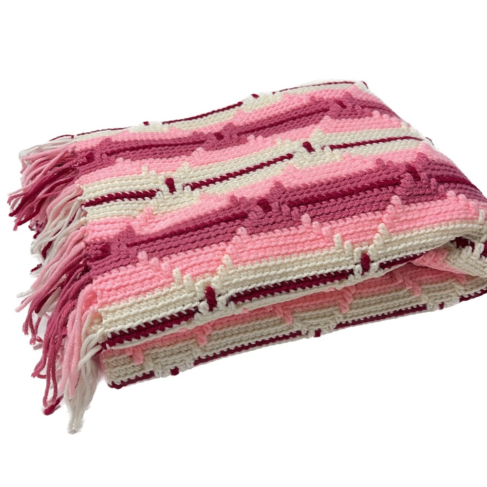 Handmade Crochet Knit Afghan Blanket Throw Pink Cream Shades Textured 78 x 45 in